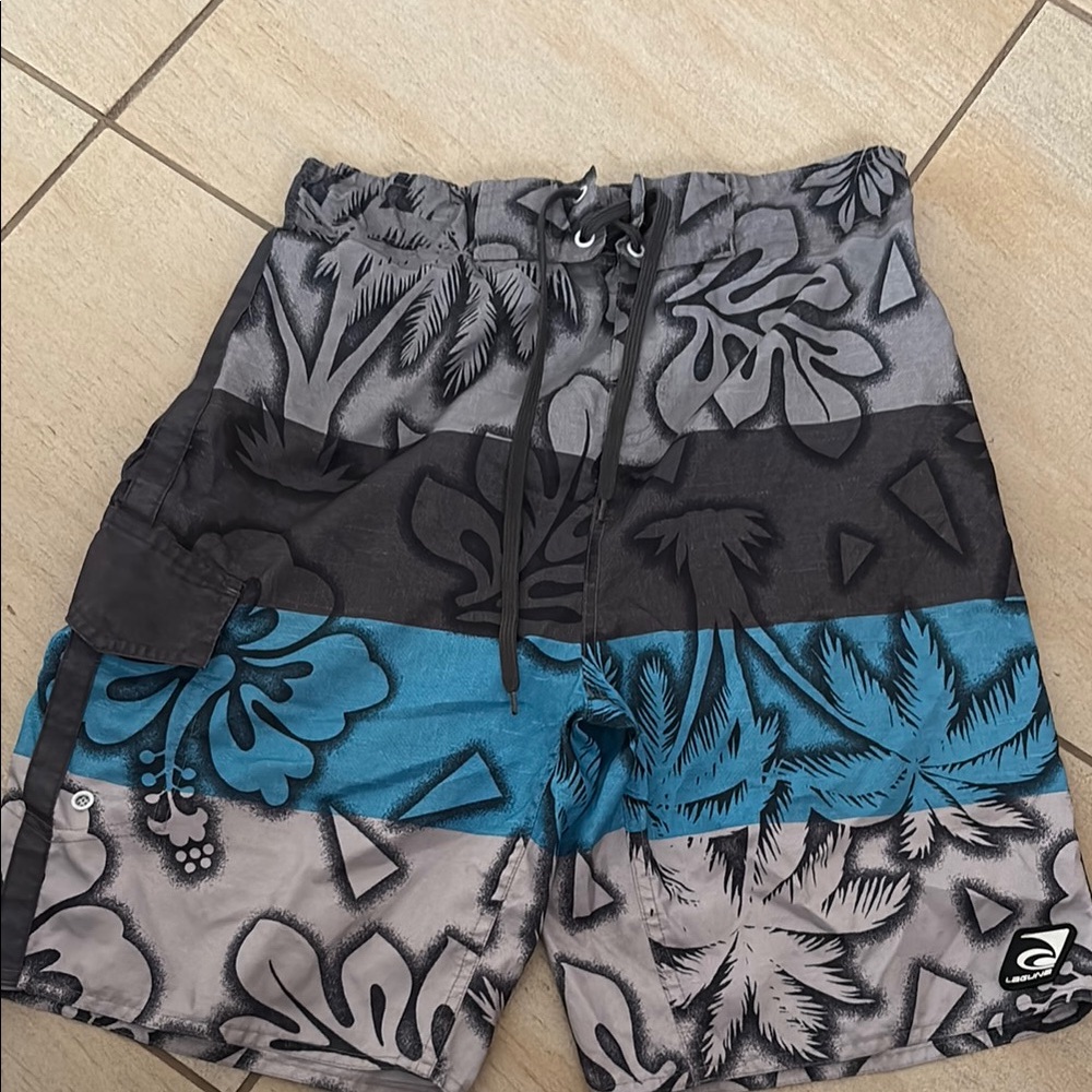 Laguna B Men's Tropical Print Swim Board Shorts - Black, Blue, Gray, size small - Picture 1 of 3